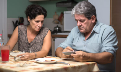 Par iz Zagreba sjedi za stolom, Martina uznemirena, suprug naručuje hranu preko mobitela, kuhinja puna neoprana posuđa i nereda, atmosfera napeta.