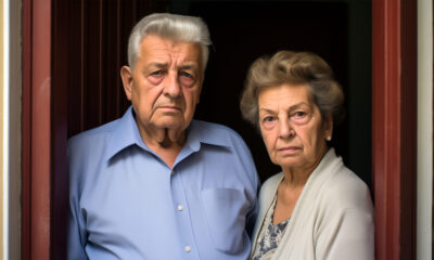 Zbunjeni stariji par otvara vrata svog stana u Novom Zagrebu, prevaren od strane lažnih medicinskih djelatnica koje su ih opljačkale.